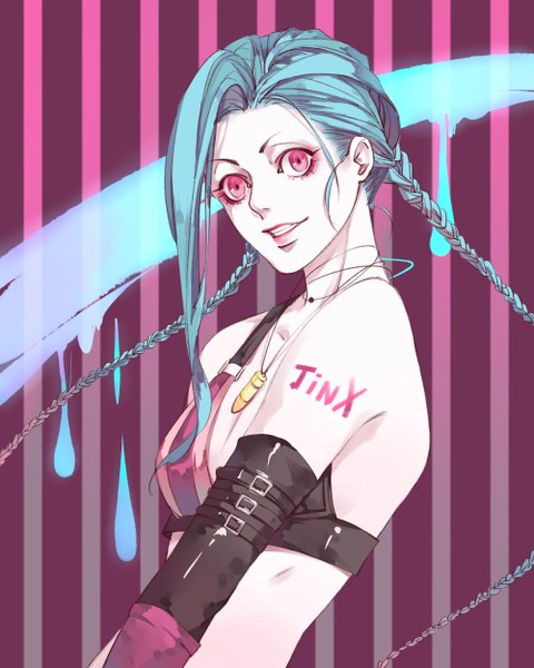 Anime-Bild 2000x2500 mit league of legends jinx (league of legends) later (chiyating) single long hair tall image looking at viewer highres smile bare shoulders blue hair braid (braids) pink eyes character names lipstick twin braids striped pink lipstick striped background girl