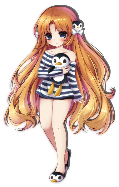 Anime picture 1459x2295 with original midna01 single tall image blush blue eyes blonde hair smile full body very long hair legs transparent background girl animal shoes bird (birds) slippers penguin