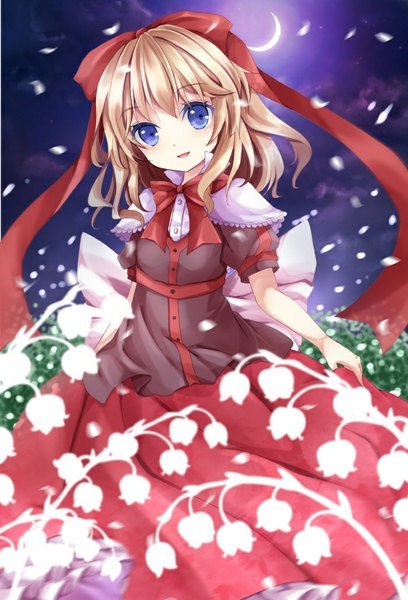 Anime picture 700x1030 with touhou medicine melancholy nanase nao single tall image looking at viewer short hair open mouth blue eyes blonde hair night girl dress flower (flowers) bow hair bow