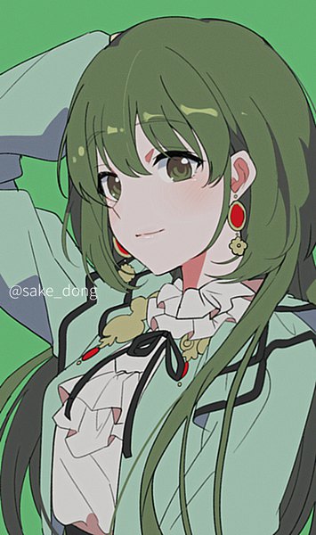 Anime picture 876x1482 with idolmaster idolmaster shiny colors nanakusa nichika sake dong single long hair tall image fringe simple background hair between eyes green eyes signed looking away upper body green hair light smile twitter username arm behind head green background girl