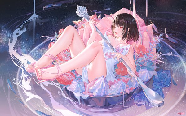 Anime picture 1600x1000 with original atdan single looking at viewer blush fringe short hair breasts open mouth light erotic black hair red eyes holding signed full body bent knee (knees) blunt bangs bare legs high heels girl