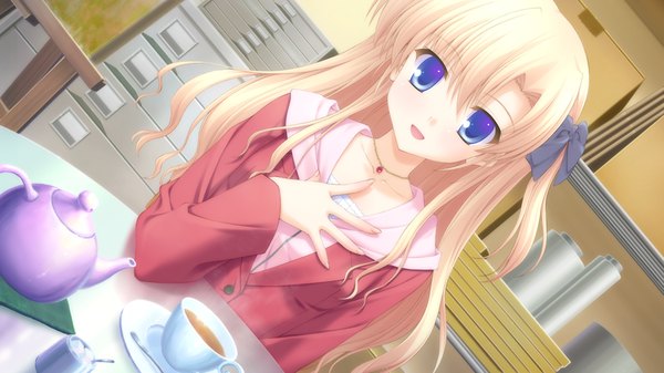 Anime picture 1200x675 with canvas 4 (game) long hair blue eyes blonde hair wide image game cg girl tea