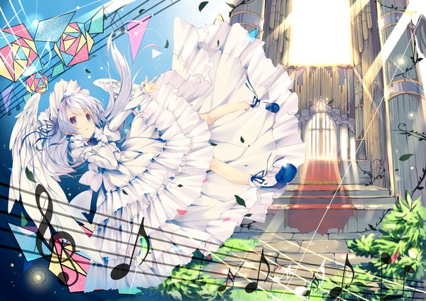 Anime picture 1537x1087 with original umino mizu single long hair blue eyes white hair sunlight outstretched arm light angel wings sunbeam glow falling treble clef gate girl dress plant (plants) wings socks