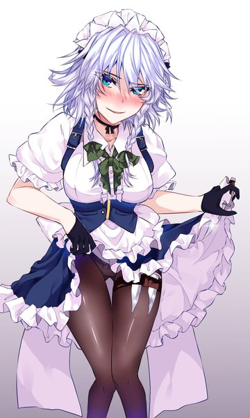Anime-Bild 1500x2500 mit touhou izayoi sakuya himadera single tall image looking at viewer blush breasts blue eyes light erotic simple background large breasts white background silver hair braid (braids) parted lips maid embarrassed twin braids gradient background