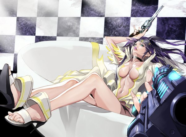 Anime picture 1299x959 with kokage no shita single long hair fringe breasts blue eyes light erotic holding purple hair legs mouth hold dual wielding glow checkered glowing weapon girl navel weapon food sweets