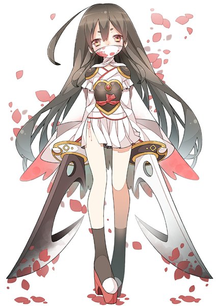 Anime picture 714x1000 with original chitetan single long hair tall image looking at viewer blush black hair red eyes white background ahoge girl weapon petals socks armor black socks mask
