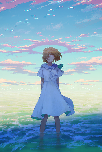 Anime picture 539x800 with original hiko (scape) single tall image fringe short hair open mouth smile brown hair standing sky cloud (clouds) outdoors eyes closed wind hair over one eye shadow partially submerged hands behind back ^ ^