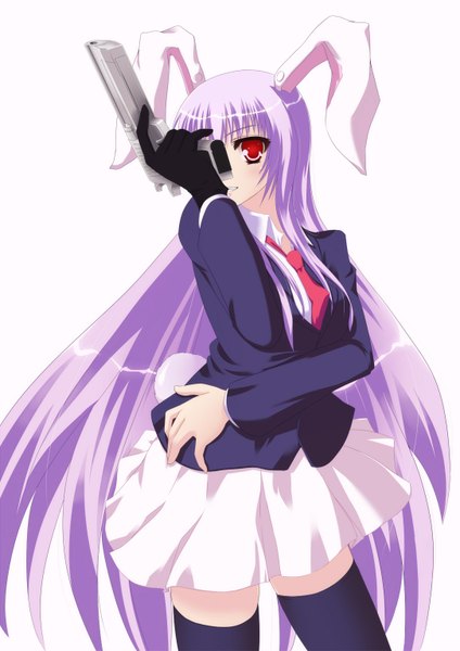 Anime picture 1084x1534 with touhou reisen udongein inaba taletale single tall image blush simple background red eyes white background animal ears purple hair tail very long hair animal tail bunny ears bunny tail girl thighhighs skirt weapon