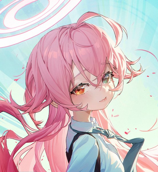 Anime picture 1286x1397 with blue archive hoshino (blue archive) han keshi chao mang de single long hair tall image looking at viewer fringe hair between eyes pink hair upper body ahoge heterochromia girl necktie halo