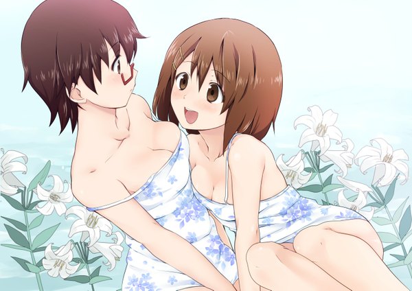 Anime picture 1518x1075 with k-on! kyoto animation hirasawa yui manabe nodoka ekra blush short hair breasts open mouth light erotic brown hair multiple girls brown eyes cleavage profile shoujo ai girl flower (flowers) 2 girls glasses