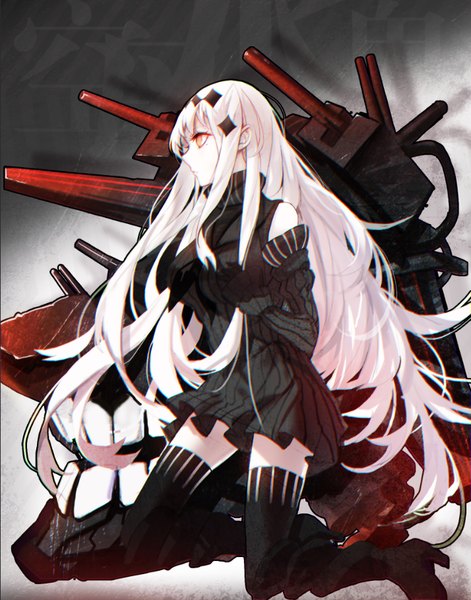 Anime picture 714x908 with kantai collection aircraft carrier water oni mconch single long hair tall image bare shoulders white hair long sleeves profile orange eyes zettai ryouiki kneeling gradient background shinkaisei-kan girl thighhighs dress gloves hair ornament