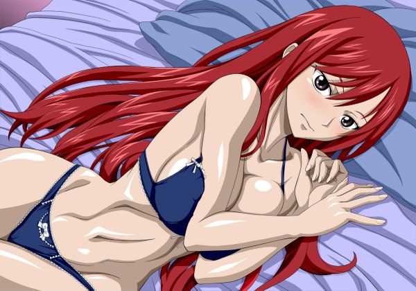 Anime picture 1200x841 with fairy tail erza scarlet single long hair looking at viewer blush fringe breasts light erotic large breasts bare shoulders brown eyes red hair lying from above underwear only crossed arms covering covering breasts girl