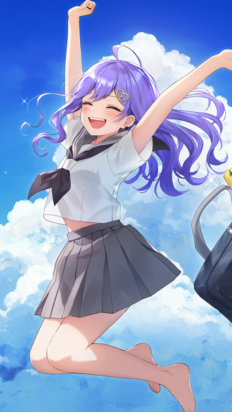 Anime picture 1100x1955 with virtual youtuber indie virtual youtuber nakano (vtuber) momoshiki tsubaki single long hair tall image open mouth sky purple hair cloud (clouds) full body ahoge eyes closed pleated skirt barefoot arms up teeth bare legs sparkle