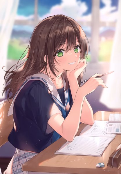 Anime picture 2406x3464 with original necomi (gussan) single long hair tall image looking at viewer blush fringe highres smile hair between eyes brown hair holding green eyes signed sky cloud (clouds) indoors blurry scan