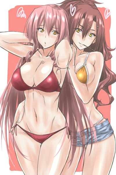 Anime picture 667x1000 with akuma no riddle inukai isuke sagae haruki wamwam long hair tall image blush breasts open mouth light erotic smile brown hair large breasts bare shoulders multiple girls holding yellow eyes pink hair ponytail mouth hold