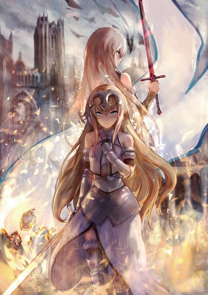 Anime picture 900x1273 with fate (series) fate/grand order fate/apocrypha jeanne d'arc (fate) (all) jeanne d'arc alter (fate) jeanne d'arc (fate) sishenfan long hair tall image looking at viewer fringe blonde hair hair between eyes standing bare shoulders multiple girls holding yellow eyes looking away cloud (clouds)