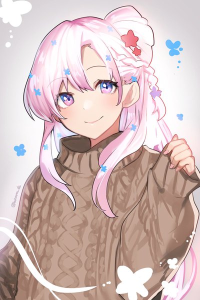 Anime picture 799x1200 with virtual youtuber indie virtual youtuber lyrica (vtuber) kgr single long hair tall image looking at viewer smile purple eyes pink hair upper body long sleeves alternate costume sleeves past wrists girl sweater