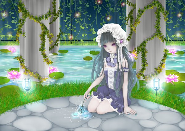 Anime picture 1000x707 with original nejimaki oz single long hair black hair purple eyes girl dress flower (flowers) plant (plants) bonnet pillar column
