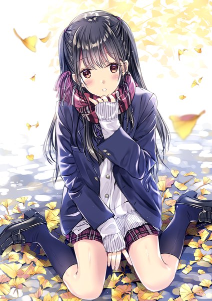 Anime picture 1240x1753 with original kobayashi chisato single long hair tall image looking at viewer blush fringe black hair hair between eyes sitting brown eyes full body braid (braids) pleated skirt depth of field wariza sleeves past wrists plaid skirt girl