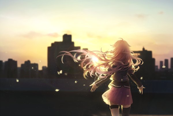 Anime picture 1300x870 with vocaloid ia (vocaloid) domik single long hair fringe pink hair ahoge braid (braids) pleated skirt wind from behind back evening sunset spread arms girl thighhighs skirt miniskirt
