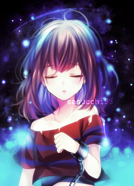 Anime picture 979x1349 with undertale frisk (undertale) sasucchi95 single tall image blush fringe short hair open mouth brown hair bare shoulders signed upper body eyes closed off shoulder short sleeves dark background messy hair girl shackles
