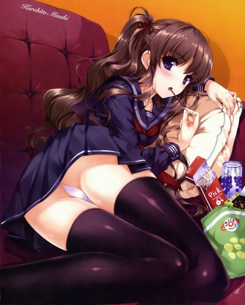 Anime picture 2883x3588 with original misaki kurehito long hair tall image highres light erotic brown hair purple eyes ass eating girl thighhighs underwear panties black thighhighs serafuku sweets pillow couch pocky