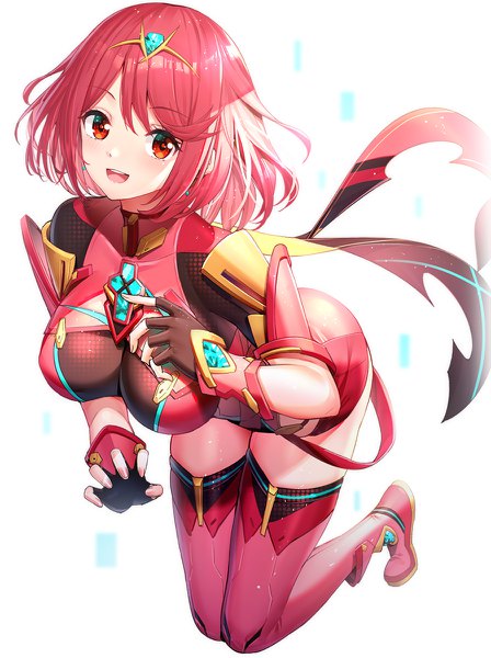 Anime picture 896x1200 with xenoblade xenoblade 2 pyra (xenoblade) ririko (zhuoyandesailaer) single tall image looking at viewer blush fringe short hair breasts open mouth light erotic simple background smile hair between eyes red eyes large breasts white background full body