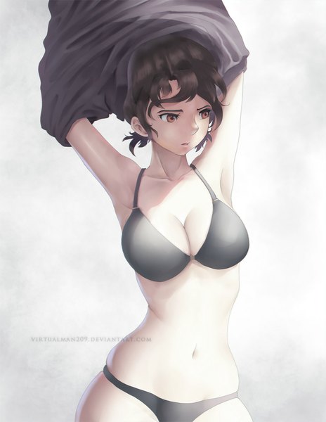 Anime picture 800x1034 with original virtualman single tall image short hair breasts light erotic black hair simple background brown eyes inscription arms up armpit (armpits) underwear only undressing girl navel underwear panties lingerie