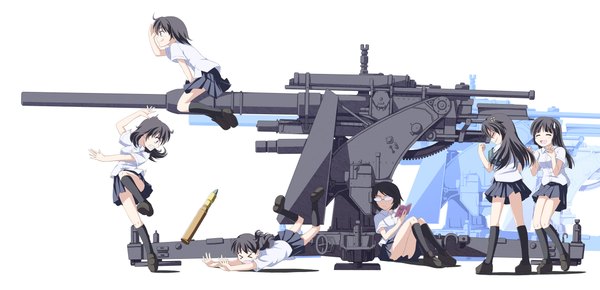 Anime picture 2266x1098 with original tri (pixiv) long hair highres short hair black hair simple background wide image white background multiple girls 6+ girls 6 girls girl skirt weapon miniskirt socks glasses serafuku black socks