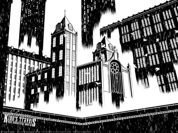 Anime-Bild 1600x1200 mit kino no tabi tama-neko signed copyright name monochrome no people vector high contrast derivative work animal bird (birds) building (buildings) cross church