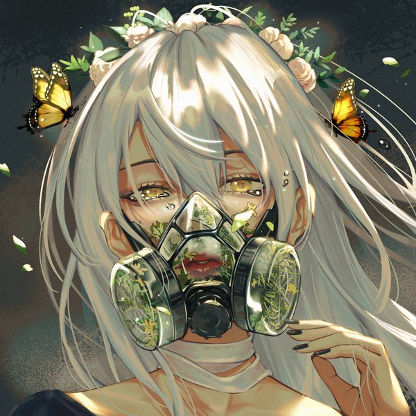 Anime picture 2048x2048 with original toto (caaaaarrot) single long hair looking at viewer fringe highres hair between eyes yellow eyes silver hair nail polish parted lips fingernails lips floating hair portrait face transparent surreal girl