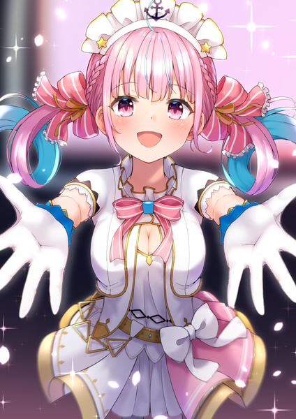 Anime-Bild 1157x1637 mit virtual youtuber hololive minato aqua faubynet single long hair tall image looking at viewer open mouth twintails pink hair cleavage ahoge :d pink eyes multicolored hair official alternate costume drill hair colored inner hair outstretched hand