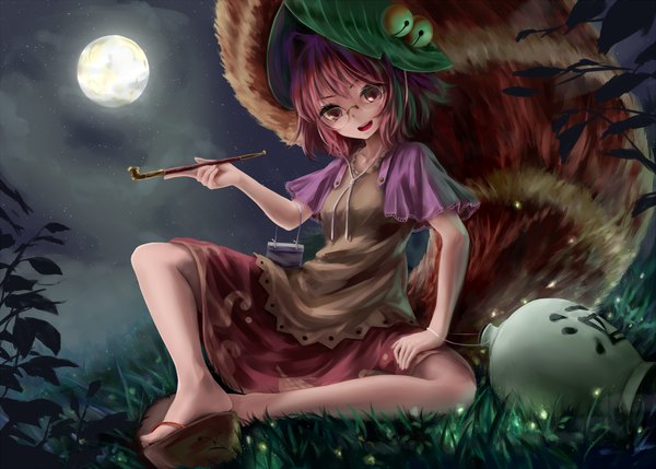 Anime picture 1600x1146 with touhou futatsuiwa mamizou kachayori single looking at viewer short hair open mouth sitting holding brown eyes red hair tail animal tail arm up night arm support night sky girl dress plant (plants)
