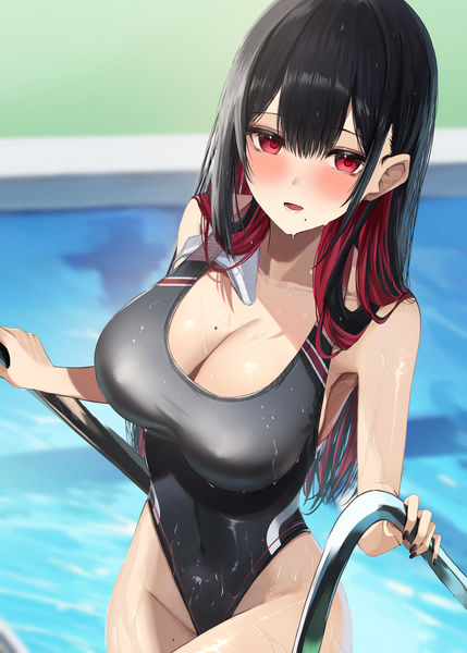 Anime picture 2591x3624 with original amane sora single long hair tall image looking at viewer blush fringe highres breasts light erotic black hair hair between eyes red eyes large breasts cleavage nail polish multicolored hair fingernails mole