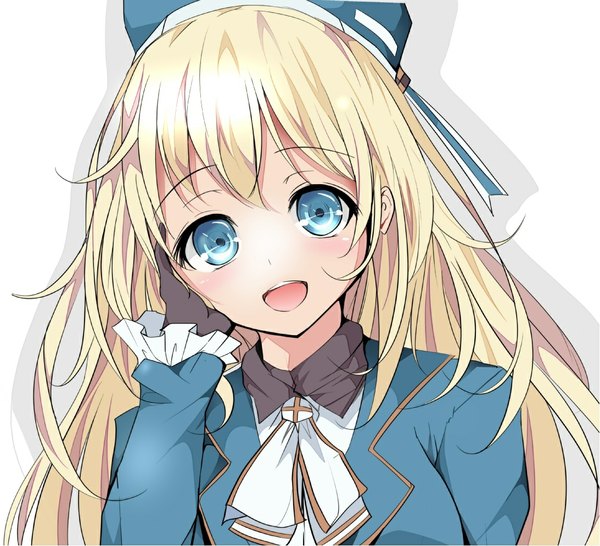 Anime picture 1093x996 with kantai collection atago heavy cruiser velia (artist) single long hair looking at viewer blush open mouth blue eyes simple background blonde hair white background shadow hand on face girl gloves black gloves