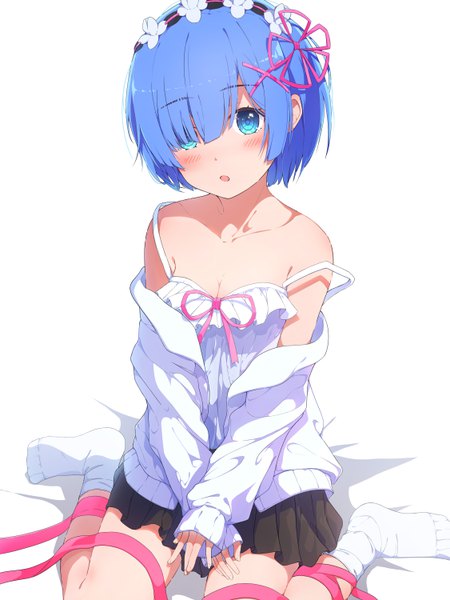 Anime picture 4500x6000 with re:zero kara hajimeru isekai seikatsu white fox rem (re:zero) keis (locrian1357) single tall image looking at viewer blush fringe highres short hair breasts open mouth blue eyes simple background white background sitting bare shoulders blue hair absurdres