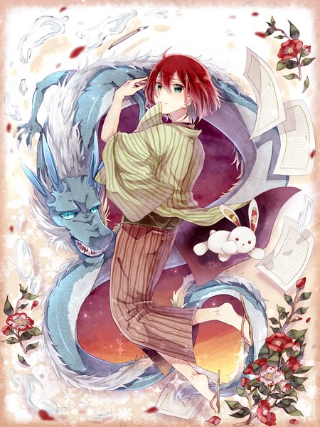 Anime picture 1000x1332 with meiji tokyo renka izumi kyouka (meikoi) poison916 single tall image looking at viewer blush short hair smile green eyes red hair traditional clothes japanese clothes fantasy boy flower (flowers) earrings petals toy stuffed animal