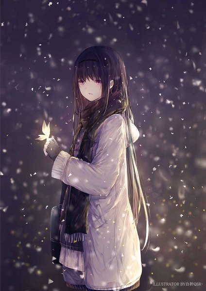 Anime picture 777x1100 with mahou shoujo madoka magica shaft (studio) akemi homura bai qi-qsr single long hair tall image fringe open mouth black hair standing purple eyes signed payot looking away outdoors blurry night open clothes alternate costume