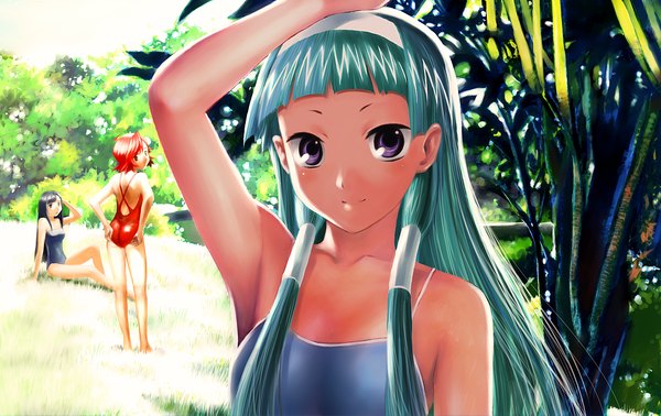 Anime picture 1320x833 with kannagi nagi (kannagi) zange aoba tsugumi swimsuit