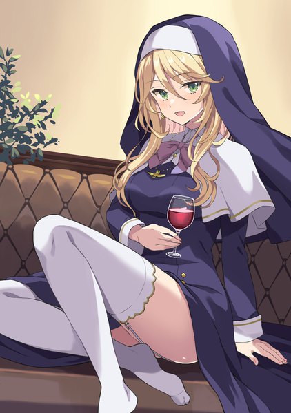 Anime picture 1478x2100 with engage kiss a-1 pictures sharon holygrail rasahan (artist) single long hair tall image looking at viewer blush fringe open mouth light erotic blonde hair smile hair between eyes sitting holding green eyes indoors long sleeves