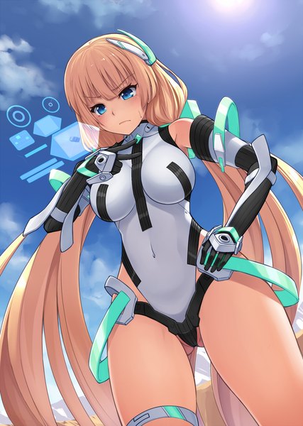 Anime picture 855x1200 with expelled from paradise angela balzac oyaji-sou single long hair tall image blush fringe breasts blue eyes light erotic blonde hair large breasts standing twintails sky cloud (clouds) outdoors from below sweat