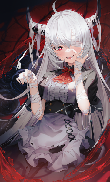 Anime picture 3900x6450 with original shuvi (shuvi1125) single tall image looking at viewer blush fringe highres breasts open mouth smile hair between eyes red eyes large breasts standing absurdres silver hair ahoge very long hair :d