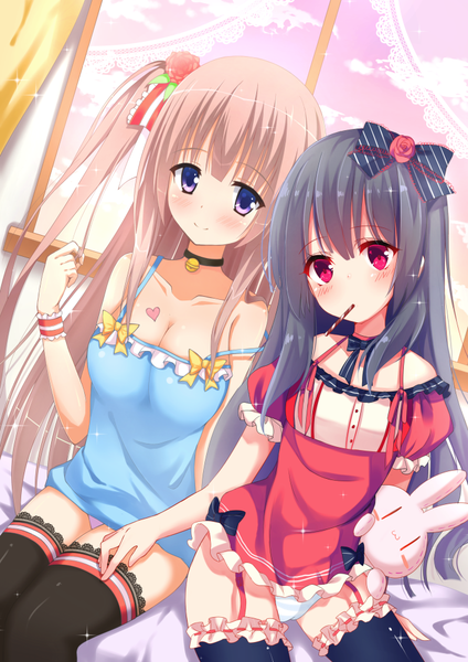 Anime picture 707x1000 with original suzuame yatsumi long hair tall image looking at viewer light erotic black hair red eyes brown hair purple eyes multiple girls sky cloud (clouds) head tilt sparkle puffy sleeves side ponytail cameltoe striped strap slip