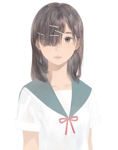 Anime picture 1100x1391 with original matayoshi single tall image looking at viewer fringe short hair simple background brown hair white background brown eyes upper body hair over one eye portrait girl uniform hair ornament serafuku bobby pin