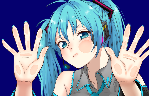 Anime picture 1080x696 with vocaloid hatsune miku mogggggge single twintails bare shoulders very long hair nail polish aqua eyes aqua hair blue background against glass against fence girl headphones