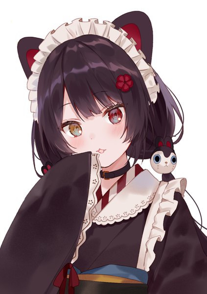 Anime picture 1057x1500 with virtual youtuber nijisanji inui toko fukahire (ruinon) single long hair tall image looking at viewer blush black hair simple background white background twintails animal ears upper body traditional clothes japanese clothes heterochromia low twintails hand to mouth