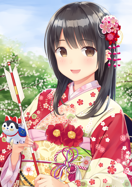 Anime picture 2894x4093 with original n.g. single long hair tall image looking at viewer blush fringe highres open mouth black hair smile holding brown eyes payot sky upper body outdoors traditional clothes :d