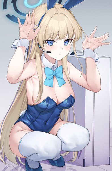 Anime picture 2894x4396 with blue archive toki (blue archive) toki (bunny) (blue archive) pizza (pizzania company) single long hair tall image looking at viewer blush fringe highres breasts blue eyes light erotic simple background blonde hair large breasts sitting bare shoulders animal ears