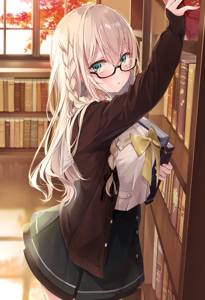 Anime picture 2382x3474 with original emia (castilla) single long hair tall image looking at viewer blush fringe highres breasts open mouth blonde hair hair between eyes standing holding payot indoors braid (braids) long sleeves pleated skirt
