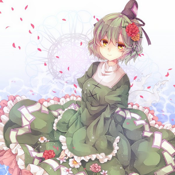 Anime picture 1025x1025 with touhou soga no tojiko michan single looking at viewer short hair simple background yellow eyes hair flower green hair light smile girl dress hair ornament flower (flowers) petals headdress